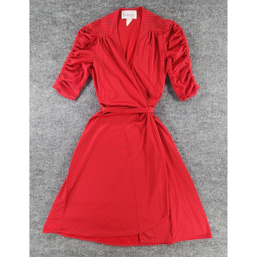 VTG 90's Frederick's of Hollywood Wrap Dress Polka Dot Ruffle Sleeve Tie Waist